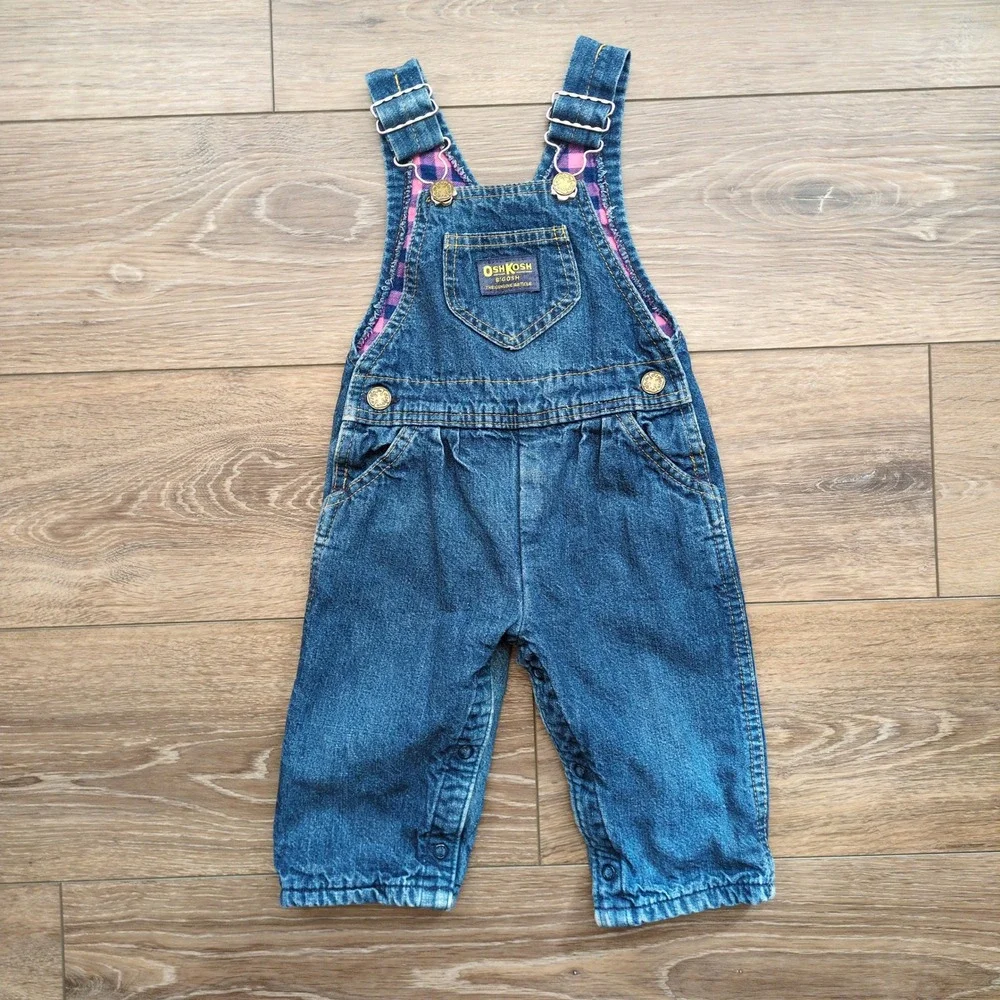 Vtg OshKosh Bgosh Flannel Lined Denim Overalls Blue Pink Plaid Vestbak 18M